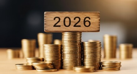 Financial Coins Stacked with Wooden Year Marker Showing 2026 for Investment and Currency Growth