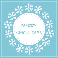 Square Christmas greeting card White snowflake wreath on festive blue background, Merry Christmas text Minimalist winter holiday postcard Design for winter celebration Xmas decoration.