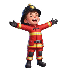 Joyful cartoon child dressed as a firefighter with arms wide open
