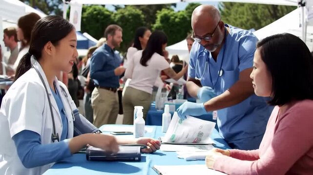 Doctors check patient's blood pressure at outdoor health fair