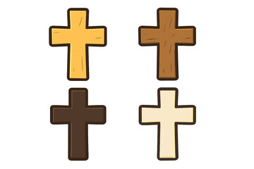 Fototapeta premium Wooden cross vector set. Christian symbol of faith, crucifix icon collection. Gold and wood crucifixes. Religious illustration for Easter, Lent, and church design elements.
