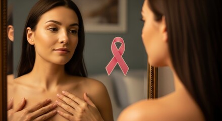 Woman's self-examination for breast cancer awareness with pink ribbon symbol in mirror reflection