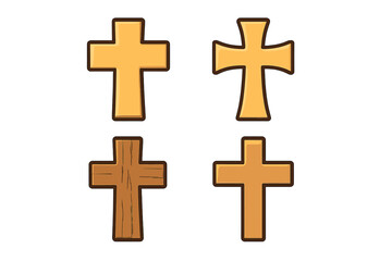 Obraz premium Christian cross symbol set. Gold and wooden religious icons collection. Vector cartoon illustration for faith, church, and spiritual design. Isolated flat graphic elements.
