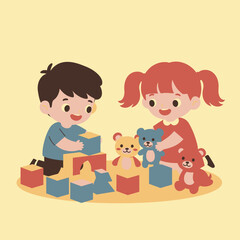 Obraz premium Two cartoon children playing with building blocks and teddy bears on a light yellow background girl