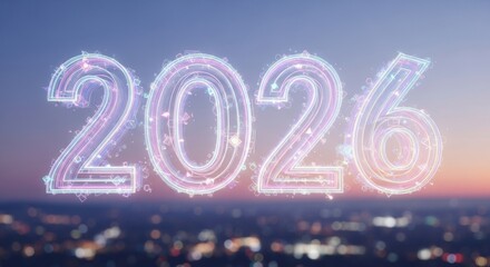 Futuristic Neon Number 2026 Over Cityscape at Dusk with Glowing Light Effects
