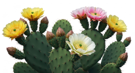 Prickly pear cactus with blooming flowers isolated on transparent background