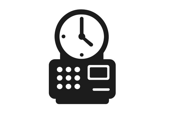 Time clock icon for employee attendance tracking. Punch clock symbol for work hours and payroll. Business management and deadline concept. Vector silhouette illustration.
