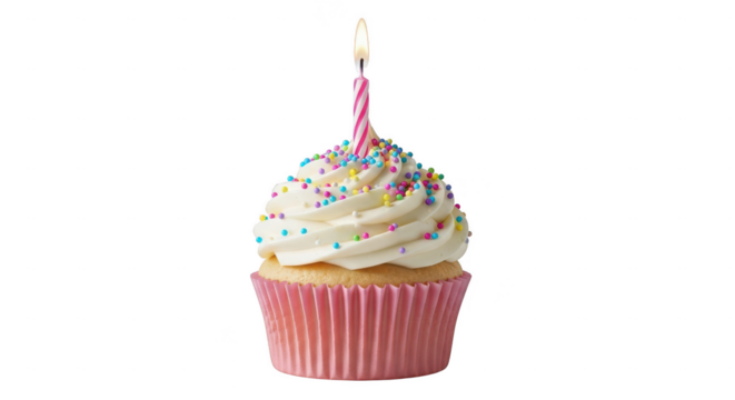Single frosted cupcake with lit candle isolated on transparent background