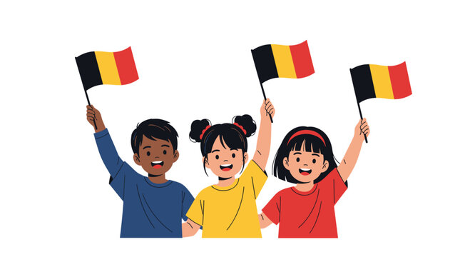 Children cheerfully waving Belgian flags celebrate national pride.