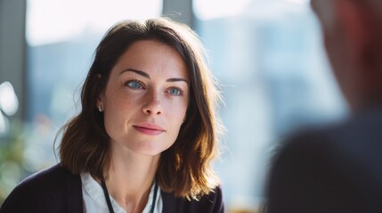Focused businesswoman attentively listening in a modern office meeting conveying professionalism attentiveness and collaboration