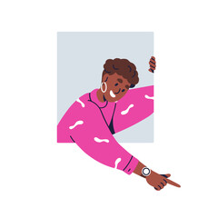 Happy black woman peeking, peeping out of window, hole, pointing down with finger. Curious smiling excited female watching and showing with hand. Flat vector illustration isolated on white background © Good Studio
