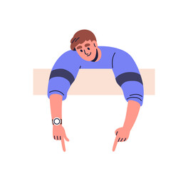 Fototapeta na wymiar Smiling man peeping, leaning over and behind board, pointing down with fingers, advertising hand gestures. Person looking and showing, peeking. Flat vector illustration isolated on white background