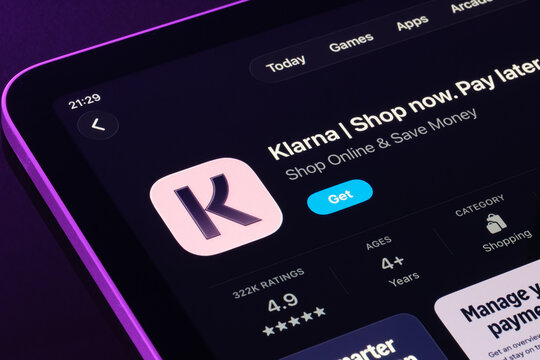 Klarna listing on iPad, Apple Liquid Glass design language in the App Store interface. Stafford, United Kingdom, September 18, 2025.