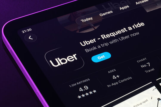 Uber listing on iPad App Store, iOS 26 interface shows Apple Liquid Glass look. Stafford, United Kingdom, September 18, 2025.