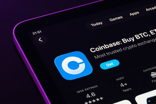 Coinbase app on iPad in iOS 26, Apple Liquid Glass App Store listing closeup. Stafford, United Kingdom, September 18, 2025.