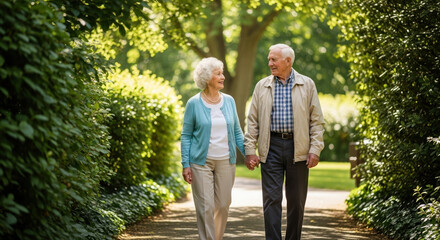 Senior couple walking hand in hand through park's pathway, enjoying moments together. Senior couple's bond and companionship are evident in nature.