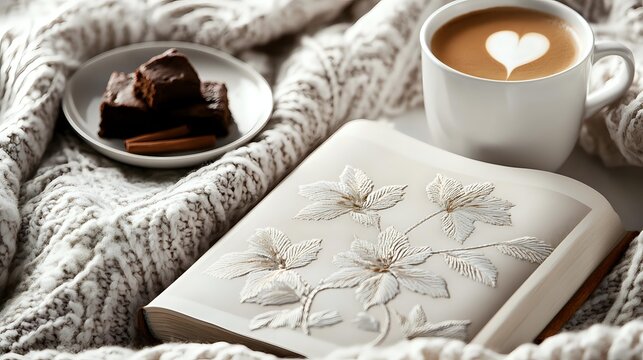 Cozy winter morning with coffee latte art, chocolate brownie dessert and open book with floral embossing on knitted blanket background.