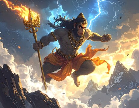 Powerful monkey god leaping amidst storm