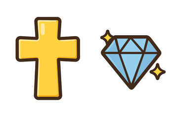 Fototapeta premium Faith versus mammon concept. Christian cross and diamond icon set. Choice between spiritual and material wealth. Religion or money. Flat cartoon vector illustration.