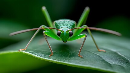 Detailed close-up view of a vibrant green insect, possibly a grasshopper or similar arthropod, perched on a fresh green leaf in a natural outdoor setting.