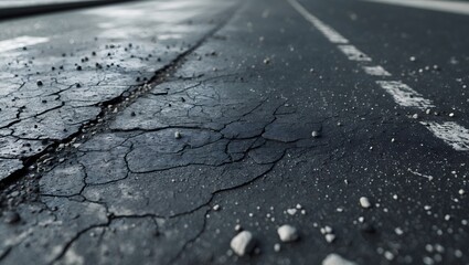 Obraz premium a damaged road surface with cracks and wear, depicting the need for repair and maintenance 