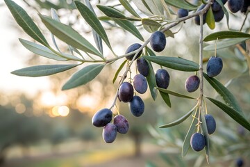 Ripe dark olives on a branch with green leaves in soft sunlight tree fruit