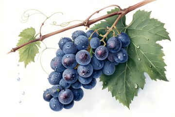 Fototapeta premium Ripe Dark Grapes on a Vine Branch with Water Droplets 