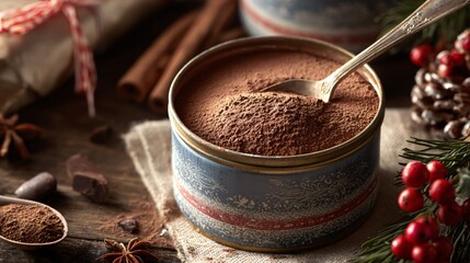 A vintage tin filled with hot cocoa mix, spoon resting inside, holiday props nearby