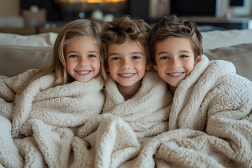 Three cheerful children snuggled together under cozy cream sherpa blanket, showing bright genuine smiles while relaxing at home. Perfect for family lifestyle content.