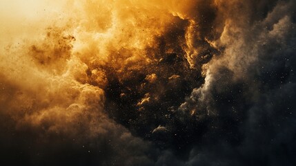 A dark, swirling cloud of smoke and fire, creating an intense and dramatic atmosphere with vibrant orange and gold hues.