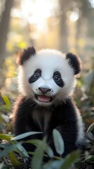 Obraz premium Adorable baby giant panda cub with bright eyes and happy expression sitting among bamboo leaves in natural forest setting with soft bokeh background lighting.