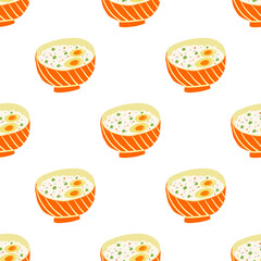 seamless pattern of porridge with carrot, bean, and egg