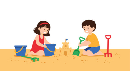 Two children happily build a sandcastle on a sunny beach day.