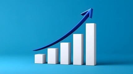 A graph depicting a positive upward trend in business performance, represented by an increasing bar chart and a prominent blue directional arrow.