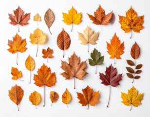 Assorted Dried Autumn Leaves – Flat Lay on White Background, High Texture Detail, Seasonal Fall Decor

