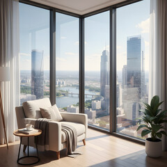 Modern interior with an armchair and a panoramic window