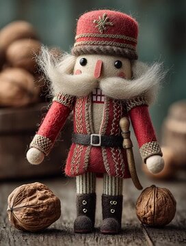 Needle-felted Nutcracker soldier in red uniform with gold embroidery, fluffy white yarn beard, standing by walnuts on rustic wood. Classic, nostalgic Christmas scene.
