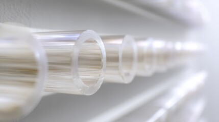 Close-up of a group of transparent tubes or tubes. the tubes are arranged in a horizontal line and appear to be made of a transparent material.