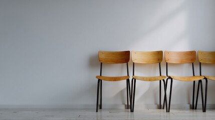 Row of four wooden chairs against a plain white wall. the chairs have a modern design with a curved backrest and armrests. they are arranged in a line, facing towards the right side of the image.