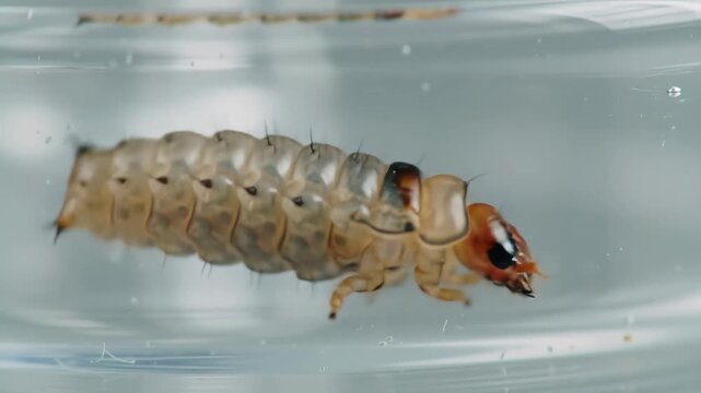 Closeup of a caddisfly larva a freshwater insect swimming in clear water.