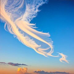 Wispy, feathery clouds against a vibrant blue sky, hints of sunset