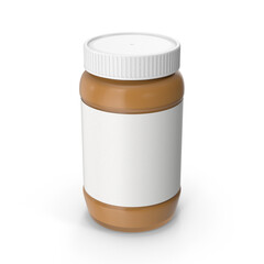 Plastic jar of peanut butter with white lid isolated png