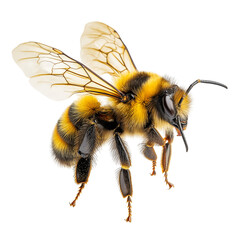 Flying Bee Isolated on Transparent Background, Insect Bee Flying on White Background, Honey Bee in Flight Closeup 