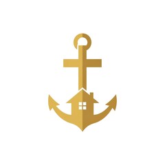 Obraz premium Hyperrealistic minimalist gold logo combining anchor, house, and cross, detailed, symmetrical, smooth, 3D, isolated. 