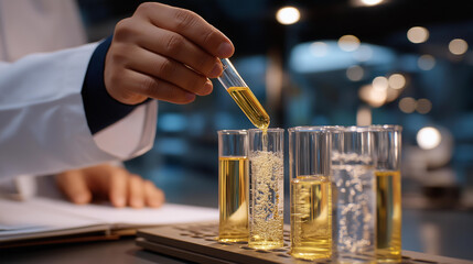 A technician extracts DNA for telomere analysis in a genetics lab with lysis buffers bubbling pipettes dispensing centrifuge tubes spinning and a lab notebook open presented