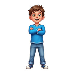 Happy young boy with brown hair and blue shirt arms crossed smiling confidently