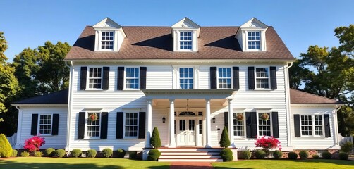 Obraz premium Classic colonial architecture, symmetrical facade, white clapboard siding, multi-paned windows, dormers, columned porch, porch, home