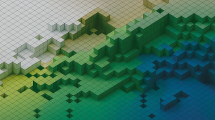 Isometric cube grid displaying a gradient of colors across the 3d digital landscape for abstract backgrounds