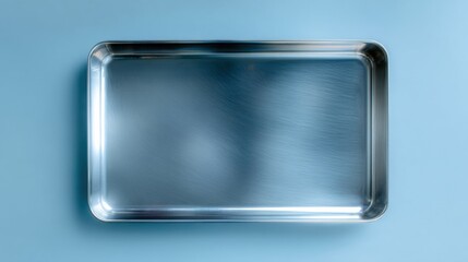 Close-up of a rectangular metal tray on a light blue background. the tray appears to be made of stainless steel and has a smooth, shiny surface.