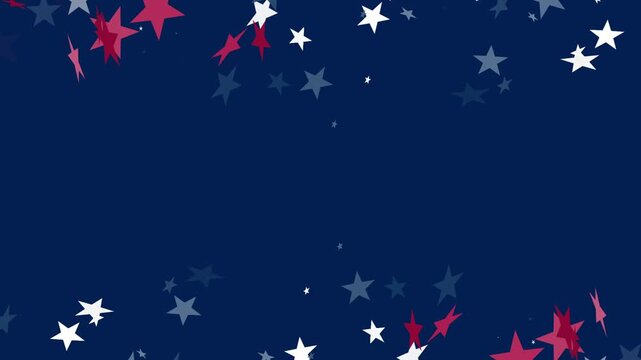 Animated video Stars in USA flag colors red white blue flying from top and bottom across dark blue background leaving empty center space for text or design Copy space Template for US national holidays